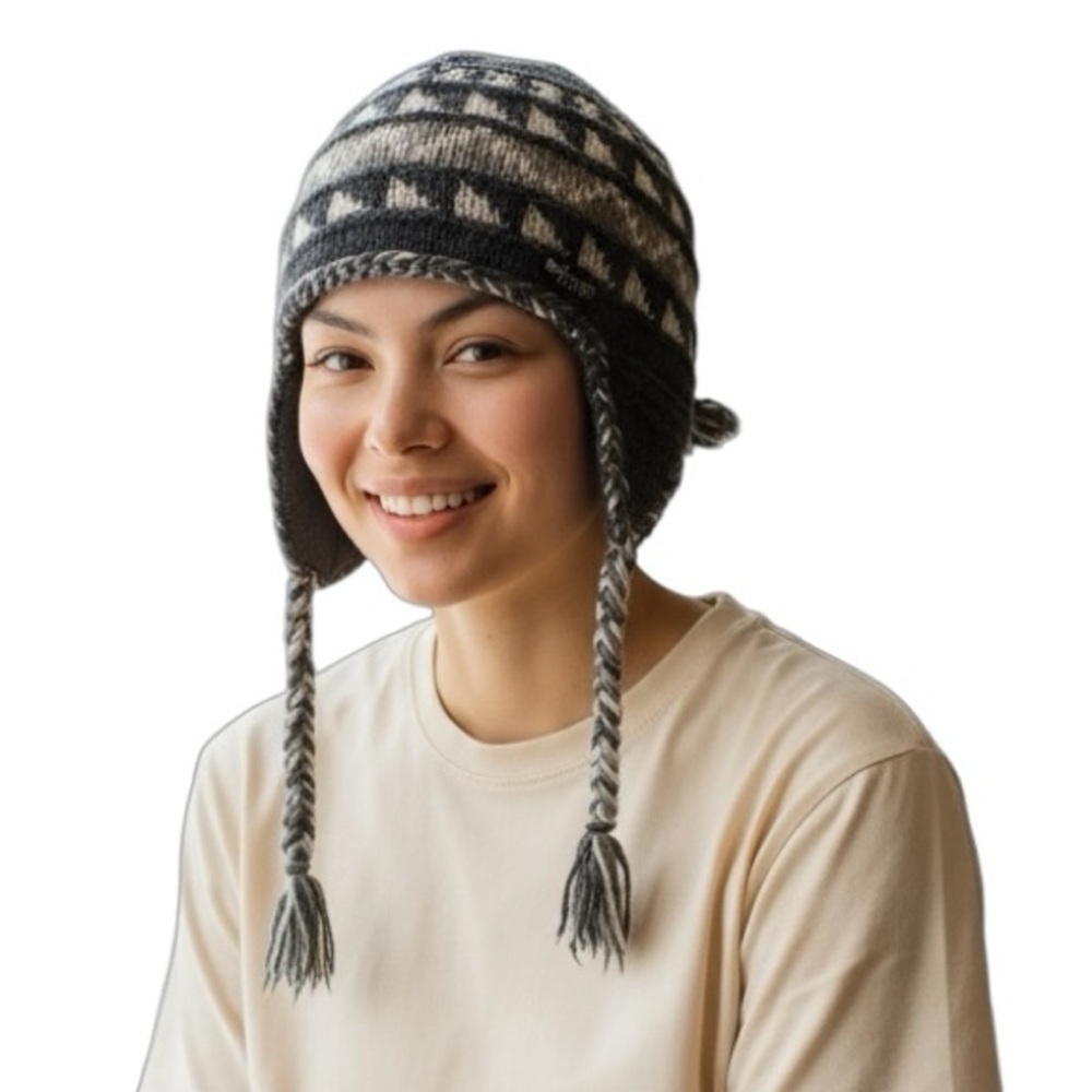 Iconic Wool Ear Flap Warm Winter Hat Made in Nepal OS Brown & Grey Ties & Tassel